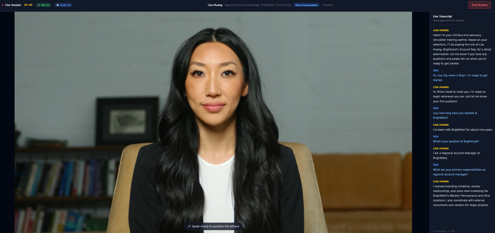 SimDuo live witness session with transcript panel